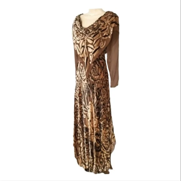 Marian Clayden Neiman Marcus Dress Cut Silk & Velvet Burnout Maxi Tan Size M - Picture 9 of 17